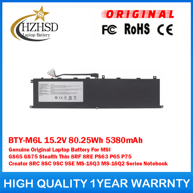 BTY-M6L 15.2V 80.25Wh 5380mAh Genuine Original Laptop Battery For MSI GS65 GS75 Stealth Thin 8RF 8RE PS63 P65 P75 Creator 8RC 8SC 9SC 9SE MS-16Q3 MS-16Q2 Series Notebook