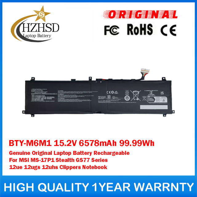 BTY-M6M1 15.2V 6578mAh 99.99Wh Genuine Original Laptop Battery Rechargeable For MSI MS-17P1 Stealth GS77 Series 12ue 12ugs 12uhs Clippers Notebook