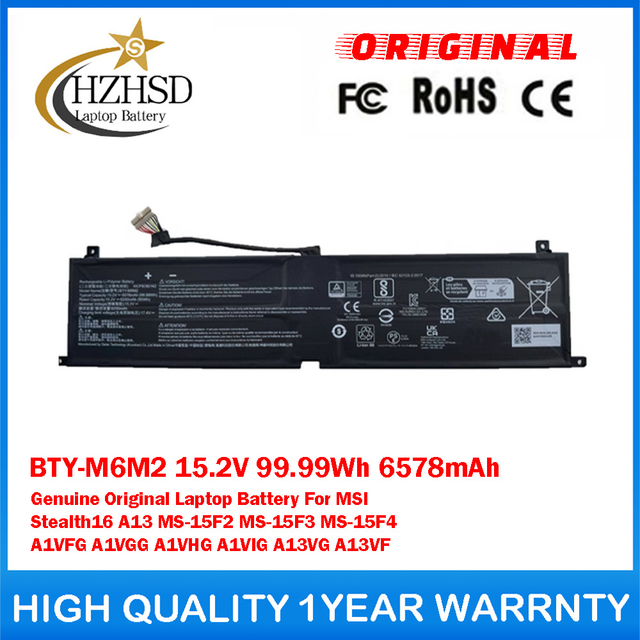 BTY-M6M2 15.2V 99.99Wh 6578mAh Genuine Original Laptop Battery For MSI Stealth16 A13 MS-15F2 MS-15F3 MS-15F4 A1VFG A1VGG A1VHG A1VIG A13VG A13VF