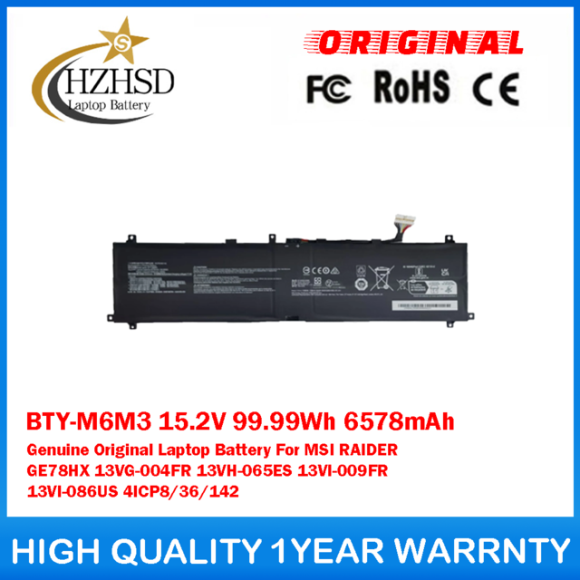 BTY-M6M3 15.2V 99.99Wh 6578mAh Genuine Original Laptop Battery For MSI RAIDER GE78HX 13VG 13VX 13VH 13VI 13VG-004FR 13VG-005FR 13VH-070US 13VI-242NL 13VH-046UK 13VG-041XES