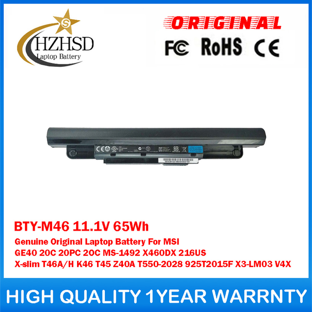 BTY-M46 11.1V 65Wh Genuine Original Laptop Battery For MSI GE40 20C 20PC 2OC MS-1492 X460DX 216US X-slim T46A/H K46 T45 Z40A T550-2028 925T2015F X3-LM03 V4X