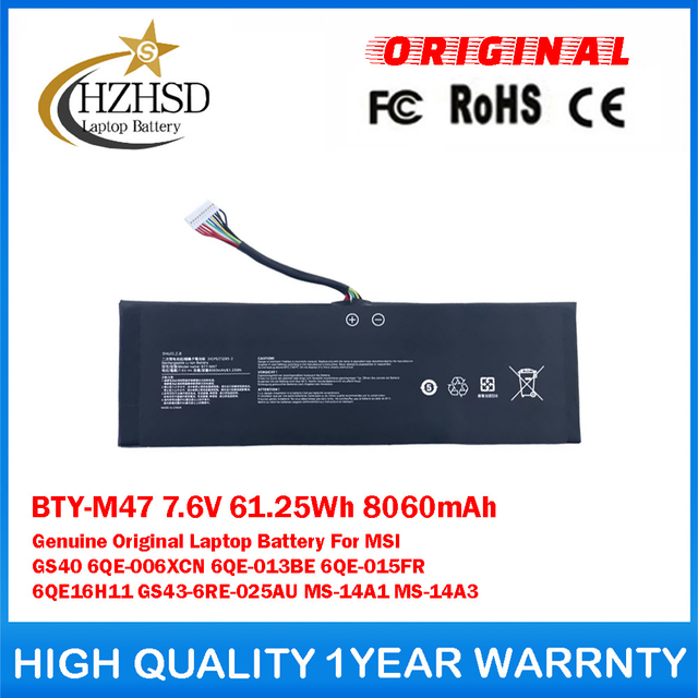 BTY-M47 7.6V 61.25Wh 8060mAh Genuine Original Laptop Battery For MSI GS40 6QE-006XCN 6QE-013BE 6QE-015FR 6QE16H11 GS43-6RE-025AU MS-14A1 MS-14A3