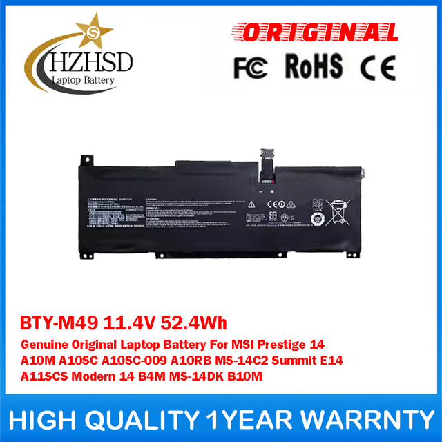 BTY-M49 11.4V 52.4Wh Genuine Original Laptop Battery For MSI Prestige 14 A10M A10SC A10SC-009 A10RB MS-14C2 Summit E14 A11SCS Modern 14 B4M MS-14DK B10M