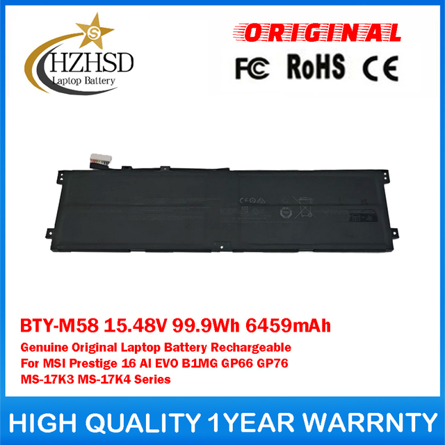 BTY-M58 15.48V 99.9Wh 6459mAh Genuine Original Laptop Battery Rechargeable For MSI Prestige 16 AI EVO B1MG GP66 GP76 MS-17K3 MS-17K4 Series