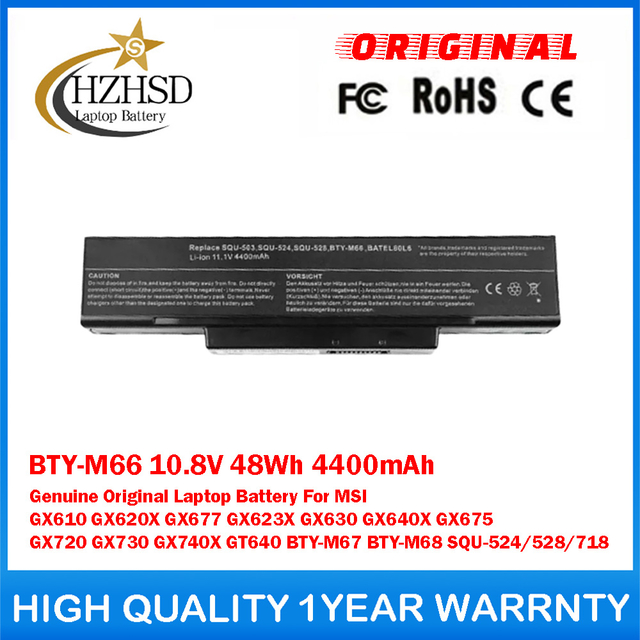 BTY-M66 10.8V 48Wh 4400mAh Genuine Original Laptop Battery For MSI GX610 GX620X GX677 GX623X GX630 GX640X GX675 GX720 GX730 GX740X GT640 BTY-M67 BTY-M68 SQU-524/528/718