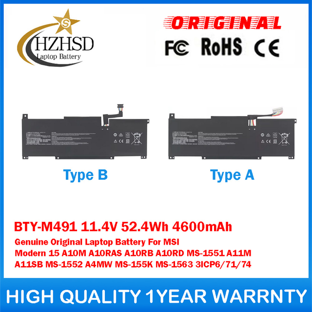 BTY-M491 11.4V 52.4Wh 4600mAh Genuine Original Laptop Battery For MSI Modern 15 A10M A10RAS A10RB A10RD MS-1551 A11M A11SB MS-1552 A4MW MS-155K MS-1563 3ICP6/71/74