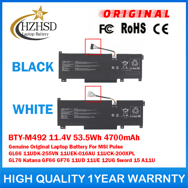 BTY-M492 11.4V 53.5Wh 4700mAh Genuine Original Laptop Battery For MSI Pulse GL66 11UDK-255VN 11UEK-016AU 11UCK-200XPL GL76 Katana GF66 GF76 11UD 11UE 12UG, Sword 15 A11U