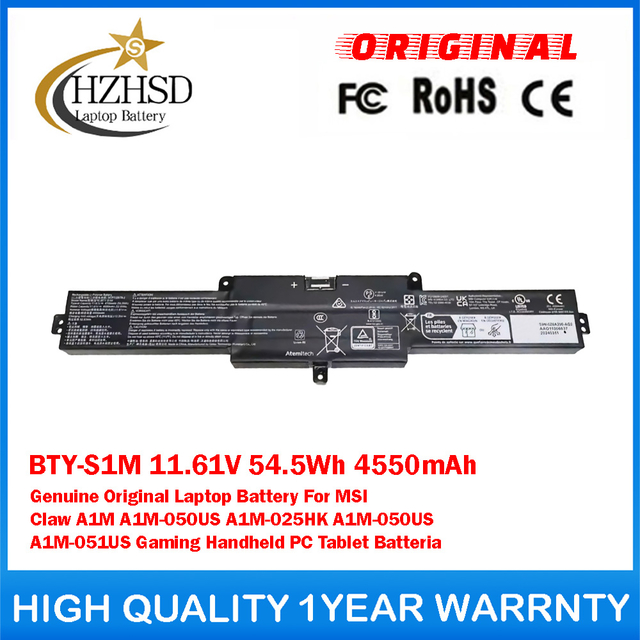 BTY-S1M 11.61V 54.5Wh 4550mAh Genuine Original Laptop Battery For MSI Claw A1M A1M-050US A1M-025HK A1M-050US A1M-051US Gaming Handheld PC Tablet Batteria