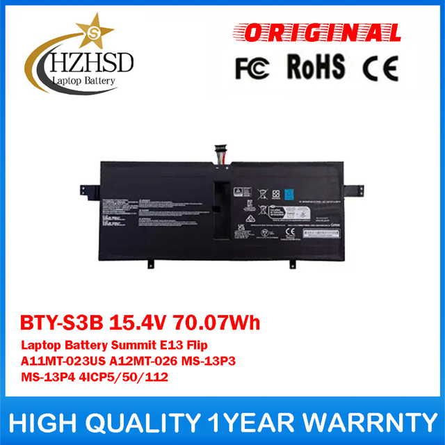 BTY-S3B 15.4V 70.07Wh Genuine Original Laptop Battery For MSI Summit E13 Flip A11MT-023US A12MT-026 MS-13P3 MS-13P4 4ICP5/50/112
