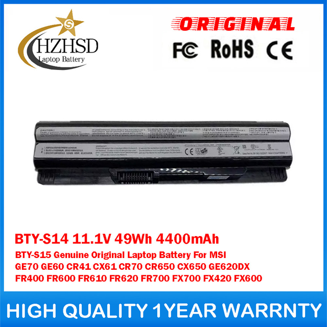 BTY-S14 11.1V 49Wh 4400mAh BTY-S15 Genuine Original Laptop Battery For MSI GE70 GE60 CR41 CX61 CR70 CR650 CX650 GE620DX FR400 FR600 FR610 FR620 FR700 FX700 FX420 FX600