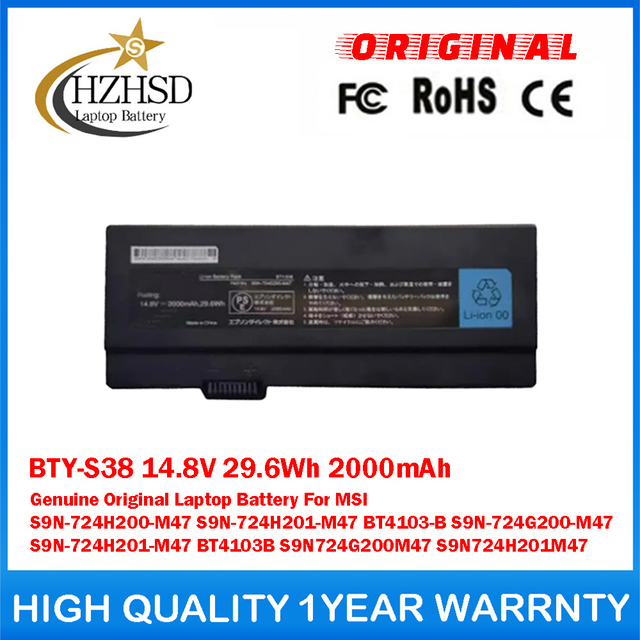 BTY-S38 14.8V 29.6Wh 2000mAh Genuine Original Laptop Battery For MSI S9N-724H200-M47 S9N-724H201-M47 BT4103-B S9N-724G200-M47 S9N-724H201-M47 BT4103B S9N724G200M47 S9N724H201M47