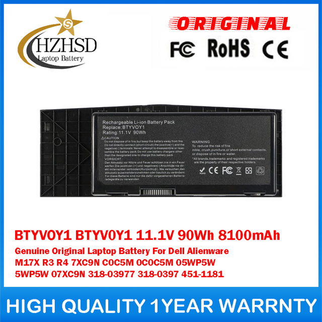 BTYVOY1 BTYV0Y1 11.1V 90Wh 8100mAh Genuine Original Laptop Battery For Dell Alienware M17x R3 R4 7XC9N C0C5M 0C0C5M 05WP5W 5WP5W 07XC9N 318-03977 318-0397 451-1181