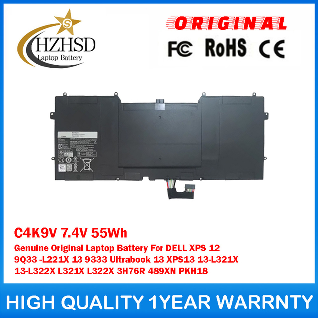 C4K9V 7.4V 55Wh Genuine Original Laptop Battery For DELL XPS 12 9Q33 -L221X 13 9333 Ultrabook 13 XPS13 13-L321X 13-L322X L321X L322X 3H76R 489XN PKH18