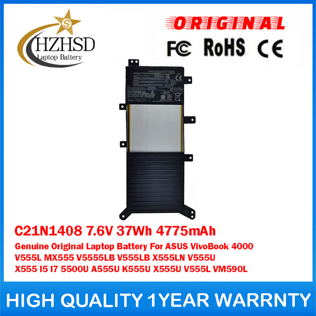 C21N1408 7.6V 37Wh 4775mAh Genuine Original Laptop Battery For ASUS VivoBook 4000 V555L MX555 V5555LB V555LB X555LN V555U X555 I5 I7 5500U A555U K555U X555U V555L VM590L