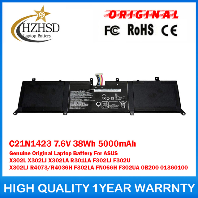 C21N1423 7.6V 38Wh 5000mAh Genuine Original Laptop Battery For ASUS X302L X302LJ X302LA R301LA F302LJ F302U X302LJ-R4073/R4036H F302LA-FN066H F302UA 0B200-01360100
