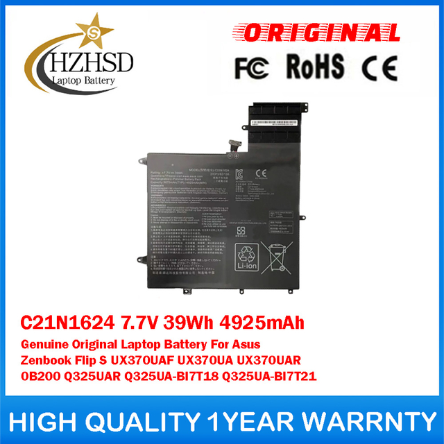C21N1624 7.7V 39Wh 4925mAh Genuine Original Laptop Battery For Asus Zenbook Flip S UX370UAF UX370UA UX370UAR 0B200 Q325UAR Q325UA-BI7T18 Q325UA-BI7T21