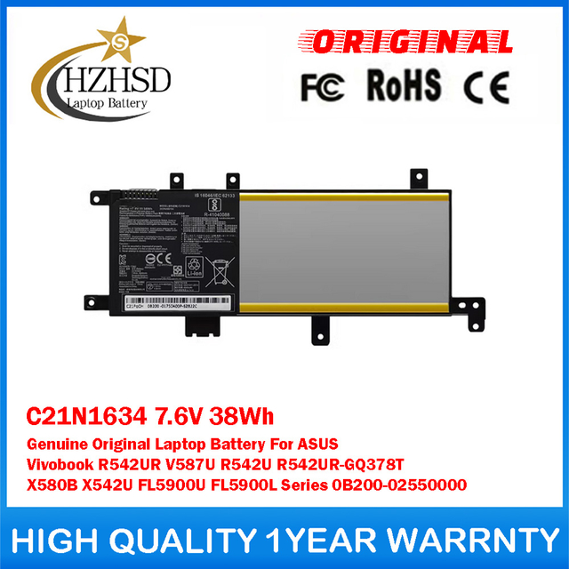 C21N1634 7.6V 38Wh Genuine Original Laptop Battery For ASUS Vivobook R542UR V587U R542U R542UR-GQ378T X580B X542U FL5900U FL5900L Series 0B200-02550000