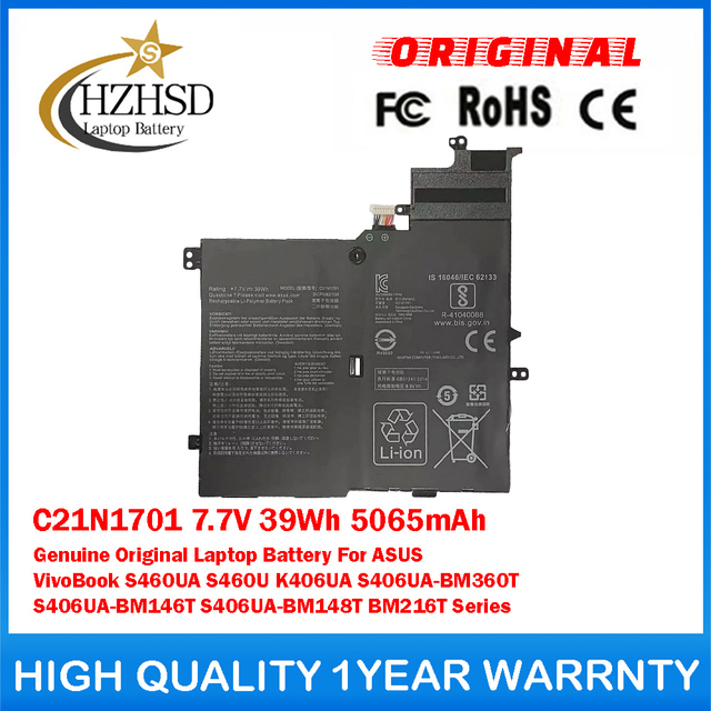 C21N1701 7.7V 39Wh 5065mAh Genuine Original Laptop Battery For ASUS VivoBook S460UA S460U K406UA S406UA-BM360T S406UA-BM146T S406UA-BM148T BM216T Series