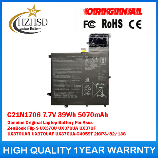 C21N1706 7.7V 39Wh 5070mAh Genuine Original Laptop Battery For Asus ZenBook Flip S UX370U UX370UA UX370F UX370UAR UX370UAF UX370UA-C4059T 2ICP3/82/138