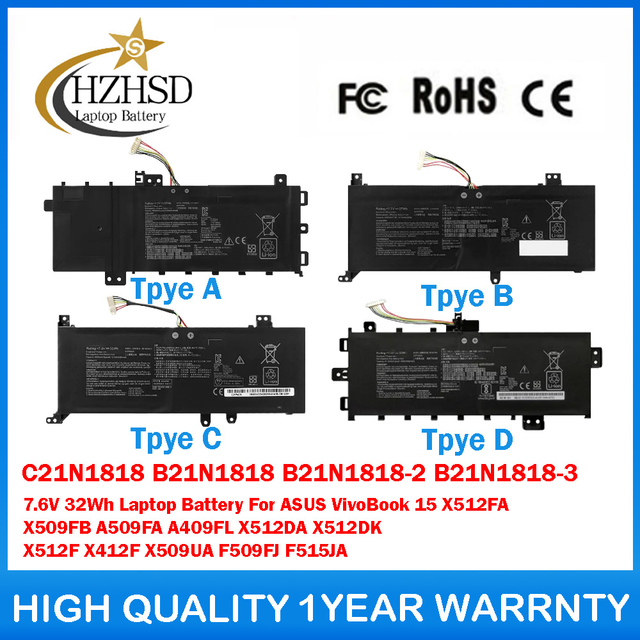 C21N1818-1 B21N1818 B21N1818-2 B21N1818-3 7.6V 32Wh Laptop Battery For ASUS VivoBook 15 X512FA X509FB A509FA A409FL X512DA X512DK X512F X412F X509UA F509FJ F515JA