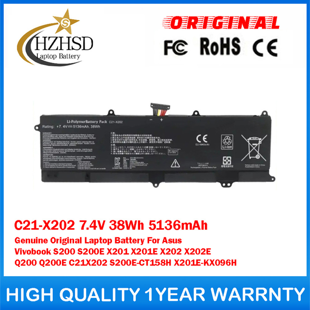 C21-X202 7.4V 38Wh 5136mAh Genuine Original Laptop Battery For Asus Vivobook S200 S200E X201 X201E X202 X202E Q200 Q200E C21X202 S200E-CT158H X201E-KX096H