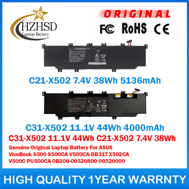 C31-X502 11.1V 44Wh C21-X502 7.4V 38Wh Genuine Original Laptop Battery For ASUS VivoBook S500 S500CA V500CA-DB31T X502CA V500C PU500CA 0B200-00320800 00320000