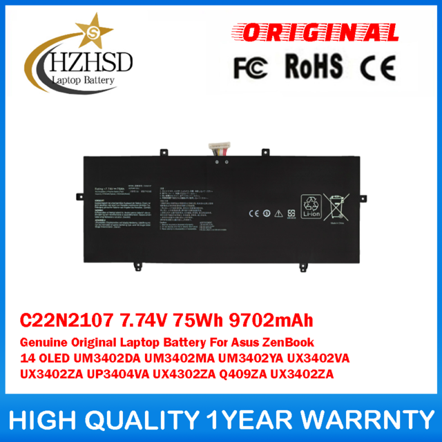 C22N2107 7.74V 75Wh 9702mAh Genuine Original Laptop Battery For Asus ZenBook 14 OLED UM3402DA UM3402MA UM3402YA UX3402VA UX3402ZA UP3404VA UX4302ZA Q409ZA UX3402ZA
