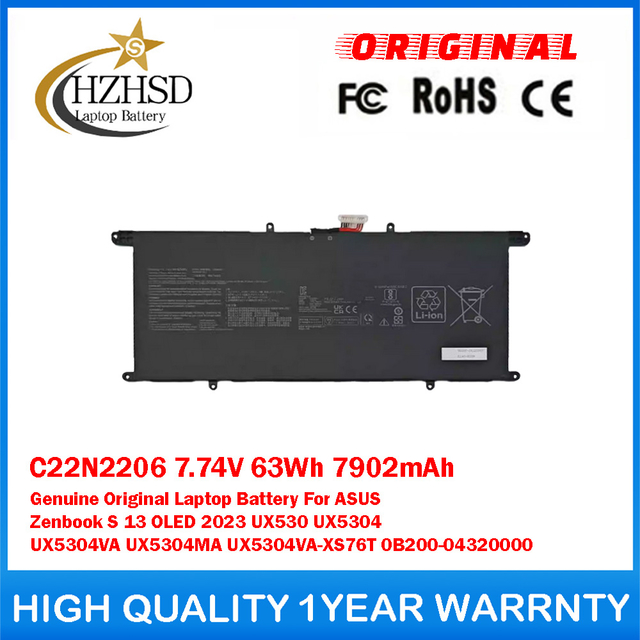 C22N2206 7.74V 63Wh 7902mAh Genuine Original Laptop Battery For ASUS Zenbook S 13 OLED 2023 UX530 UX5304 UX5304VA UX5304MA UX5304VA-XS76T 0B200-04320000
