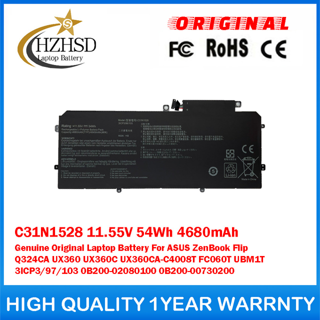 C31N1528 11.55V 54Wh 4680mAh Genuine Original Laptop Battery For ASUS ZenBook Flip Q324CA UX360 UX360C UX360CA-C4008T FC060T UBM1T 3ICP3/97/103 0B200-02080100 0B200-00730200