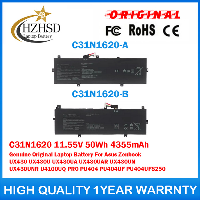 C31N1620 11.55V 50Wh 4355mAh Genuine Original Laptop Battery For Asus Zenbook UX430 UX430U UX430UA UX430UAR UX430UN UX430UNR U4100UQ PRO PU404 PU404UF PU404UF8250