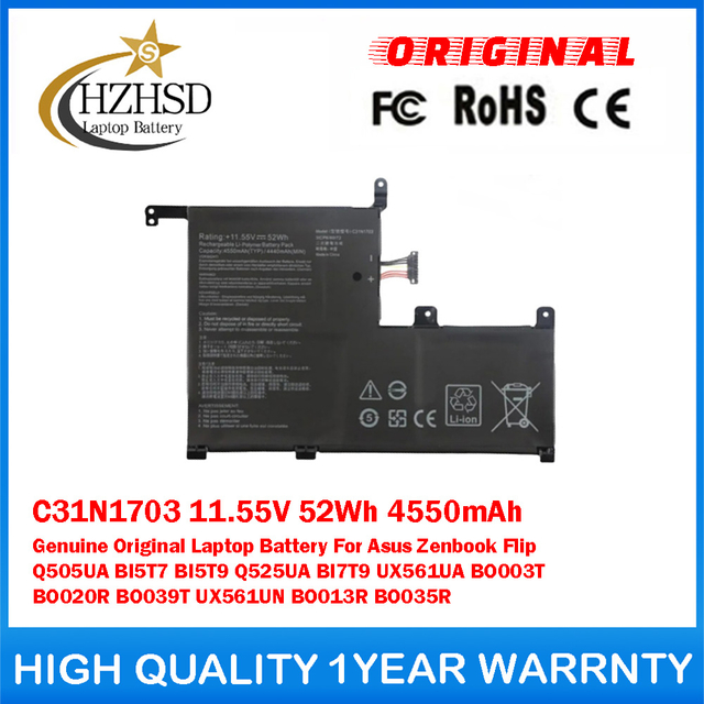 C31N1703 11.55V 52Wh 4550mAh Genuine Original Laptop Battery For Asus Zenbook Flip Q505UA BI5T7 BI5T9 Q525UA BI7T9 UX561UA BO003T BO020R BO039T UX561UN BO013R BO035R