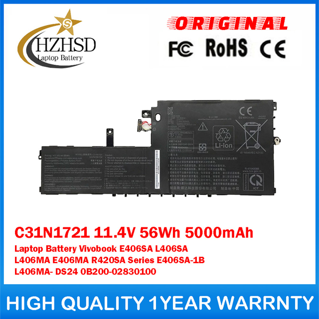 C31N1721 11.4V 56Wh 5000mAh Genuine Original Laptop Battery For Asus Vivobook E406SA L406SA L406MA E406MA R420SA Series E406SA-1B L406MA-DS24 0B200-02830100