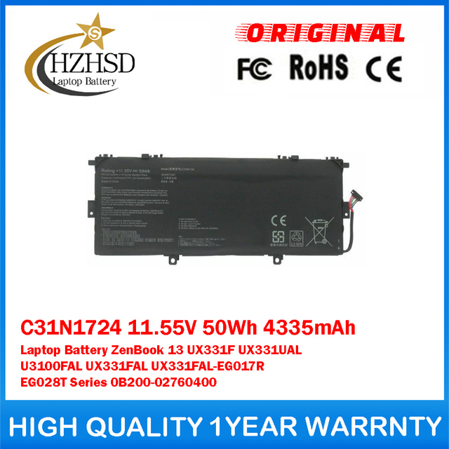C31N1724 11.55V 50Wh 4335mAh Genuine Original Laptop Battery For ASUS ZenBook 13 UX331F UX331UAL U3100FAL UX331FAL UX331FAL-EG017R EG028T Series 0B200-02760400