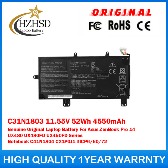 C31N1803 11.55V 52Wh 4550mAh Genuine Original Laptop Battery For Asus ZenBook Pro 14 UX480 UX480FD UX450FD Series Notebook C41N1804 C31P0J1 3ICP6/60/72