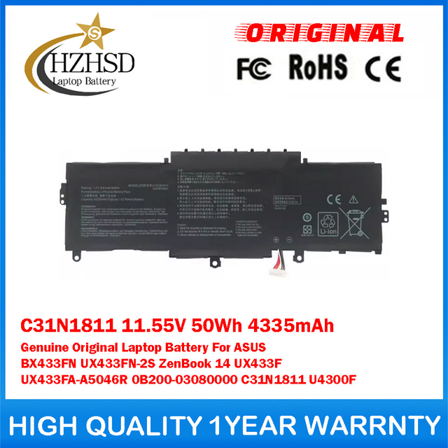 C31N1811 11.55V 50Wh 4335mAh Genuine Original Laptop Battery For ASUS BX433FN UX433FN-2S ZenBook 14 UX433F UX433FA-A5046R 0B200-03080000 C31N1811 U4300F
