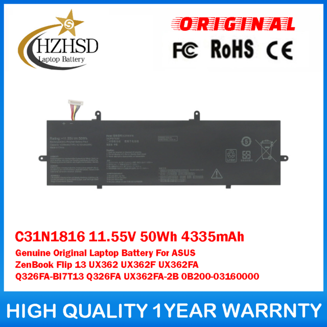 C31N1816 11.55V 50Wh 4335mAh Genuine Original Laptop Battery For ASUS ZenBook Flip 13 UX362 UX362F UX362FA Q326FA-BI7T13 Q326FA UX362FA-2B 0B200-03160000