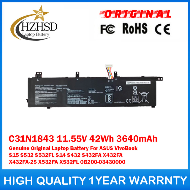 C31N1843 11.55V 42Wh 3640mAh Genuine Original Laptop Battery For ASUS VivoBook S15 S532 S532FL S14 S432 S432FA X432FA X432FA-2S X532FA X532FL 0B200-03430000