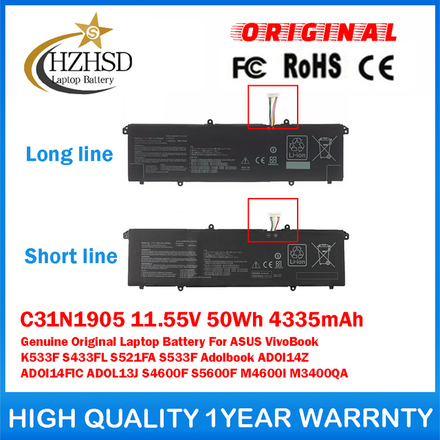 C31N1905 11.55V 50Wh 4335mAh Genuine Original Laptop Battery For ASUS VivoBook K533F S433FL S521FA S533F Adolbook Adol14z Adol14flc ADOL13J S4600F S5600F M4600I M3400QA