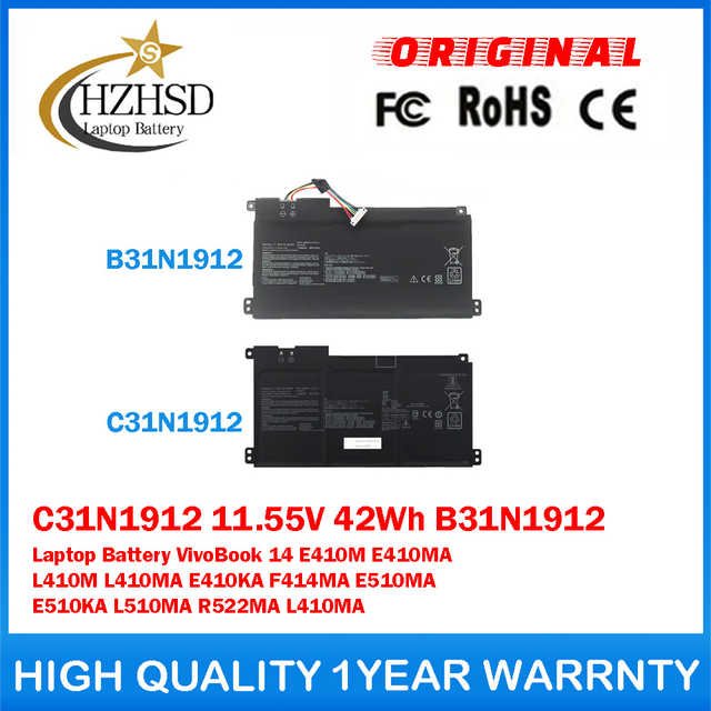 C31N1912 11.55V 42Wh 3640mAh B31N1912 Genuine Original Laptop Battery For ASUS VivoBook 14 E410M E410MA L410M L410MA E410KA F414MA E510MA E510KA L510MA R522MA L410MA