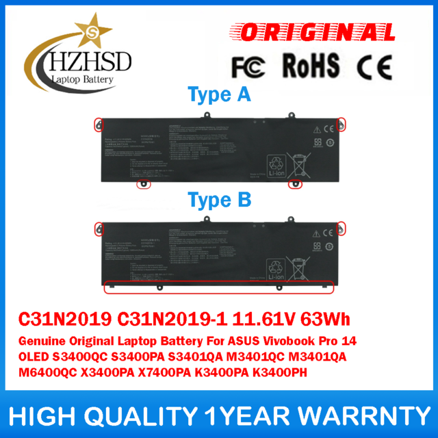 C31N2019 C31N2019-1 11.61V 63Wh Genuine Original Laptop Battery For ASUS Vivobook Pro 14 OLED S3400QC S3400PA S3401QA M3401QC M3401QA M6400QC X3400PA X7400PA K3400PA K3400PH