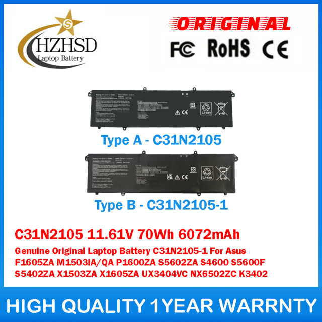 C31N2105 11.61V 70Wh 6072mAh Genuine Original Laptop Battery C31N2105-1 For Asus F1605ZA M1503IA/QA P1600ZA S5602ZA S4600 S5600F S5402ZA X1503ZA X1605ZA UX3404VC NX6502ZC K3402