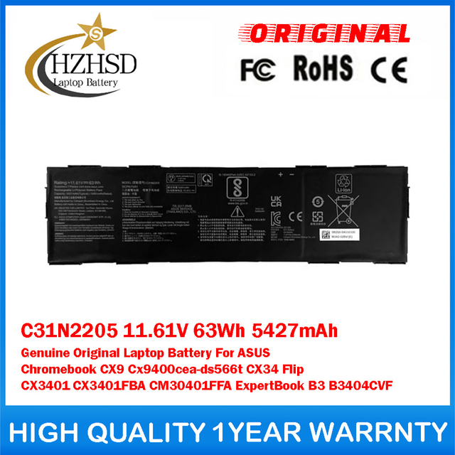 C31N2205 11.61V 63Wh 5427mAh Genuine Original Laptop Battery For ASUS Chromebook CX9 Cx9400cea-ds566t CX34 Flip CX3401 CX3401FBA CM30401FFA ExpertBook B3 B3404CVF