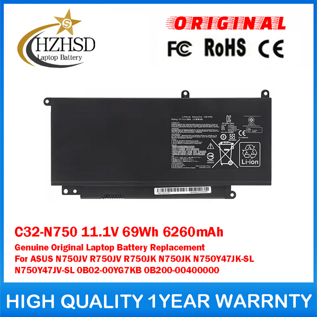 C32-N750 11.1V 69Wh 6260mAh Genuine Original Laptop Battery For ASUS N750JV R750JV R750JK N750JK N750Y47JK-SL N750Y47JV-SL 0B02-00YG7KB 0B200-00400000