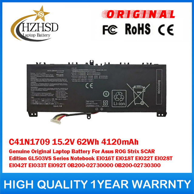 C41N1709 15.2V 62Wh 4120mAh Genuine Original Laptop Battery For Asus ROG Strix SCAR Edition GL503VS Series Notebook EI016T EI018T EI022T EI028T EI042T EI033T EI092T 0B200-02730000 0B200-02730300