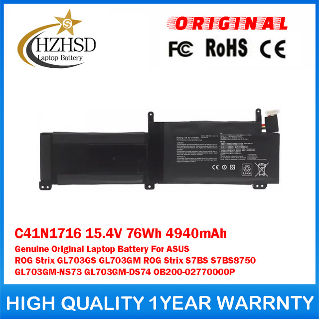 C41N1716 15.4V 76Wh 4940mAh Genuine Original Laptop Battery For ASUS ROG Strix GL703GS GL703GM ROG Strix S7BS S7BS8750 GL703GM-NS73 GL703GM-DS74 OB200-02770000P