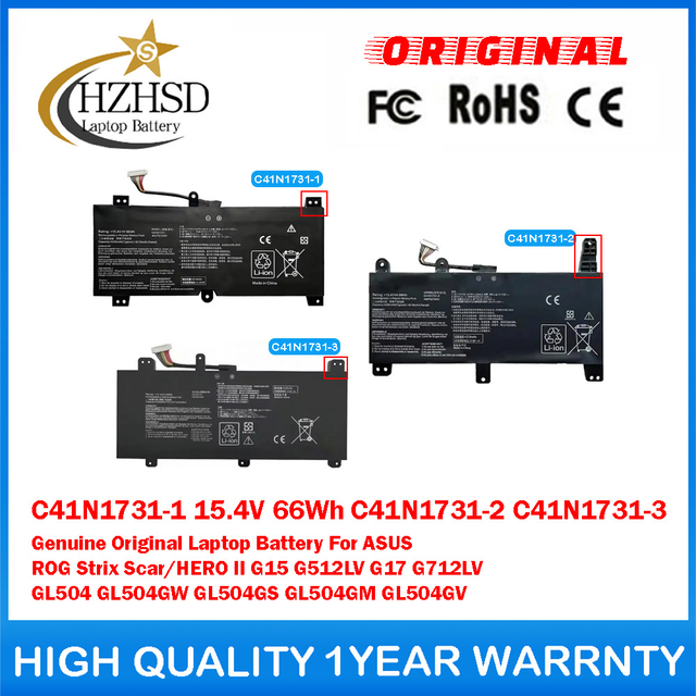 C41N1731-1 15.4V 66Wh C41N1731-2 C41N1731-3 Genuine Original Laptop Battery For ASUS ROG Strix Scar/HERO II G15 G512LV G17 G712LV GL504 GL504GW GL504GS GL504GM GL504GV