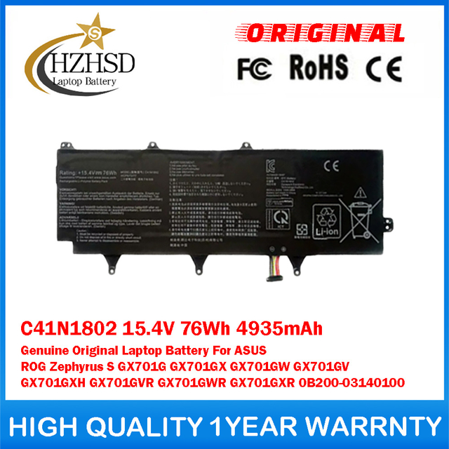 C41N1802 15.4V 76Wh 4935mAh Genuine Original Laptop Battery For ASUS ROG Zephyrus S GX701G GX701GX GX701GW GX701GV GX701GXH GX701GVR GX701GWR GX701GXR 0B200-03140100