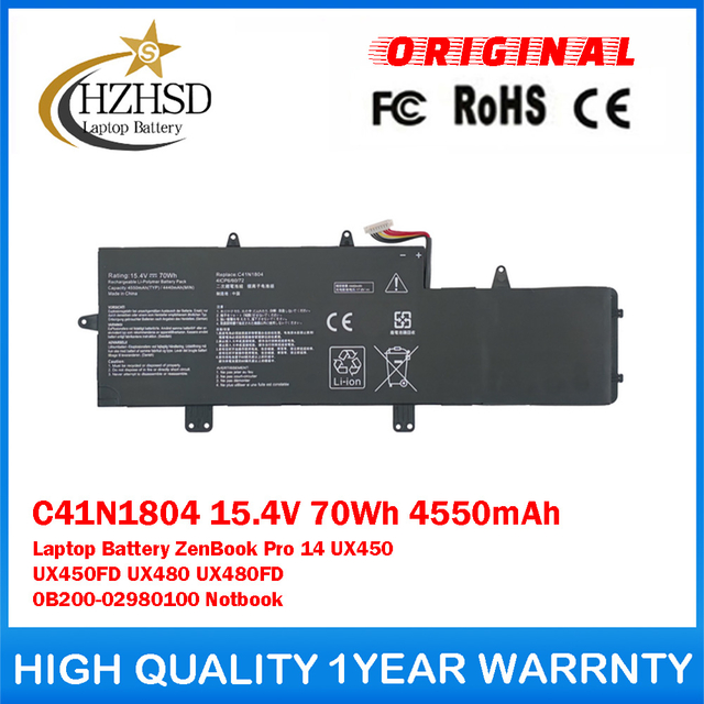C41N1804 15.4V 70Wh 4550mAh Genuine Original Laptop Battery For ASUS ZenBook Pro 14 UX450 UX450FD UX480 UX480FD 0B200-02980100 Notbook
