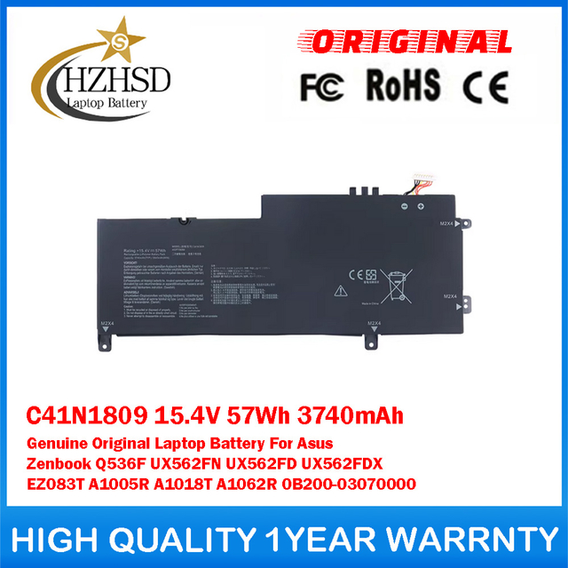 C41N1809 15.4V 57Wh 3740mAh Genuine Original Laptop Battery For Asus Zenbook Q536F UX562FN UX562FD UX562FDX EZ083T A1005R A1018T A1062R 0B200-03070000