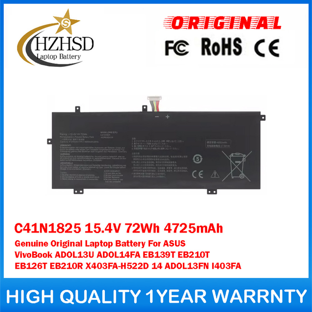 C41N1825 15.4V 72Wh 4725mAh Genuine Original Laptop Battery For ASUS VivoBook ADOL13U ADOL14FA EB139T EB210T EB126T EB210R X403FA-H522D 14 ADOL13FN I403FA
